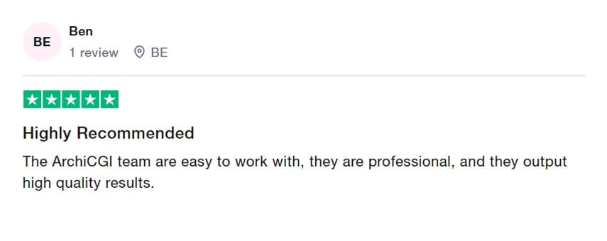 Trustpilot review recommending ArchiCGI for professional, high-quality results