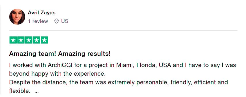 Trustpilot review praising ArchiCGI's team and architectural visualization results