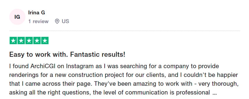 Trustpilot review praising ArchiCGI's 3D visualization service
