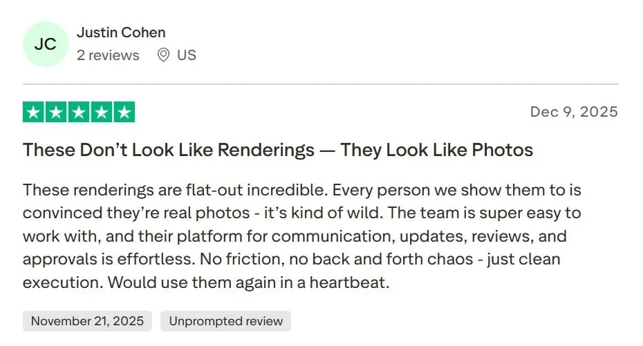 Justin Cohen's 5-star Trustpilot review of ArchiCGI's hospitality 3D rendering services