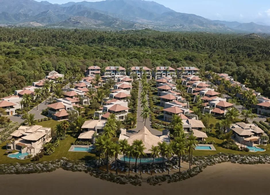 3D architectural animation still: aerial view of a residential community