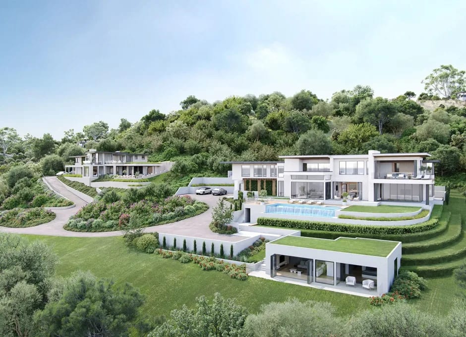 Exterior 3D rendering of a hillside villa development with curved roads