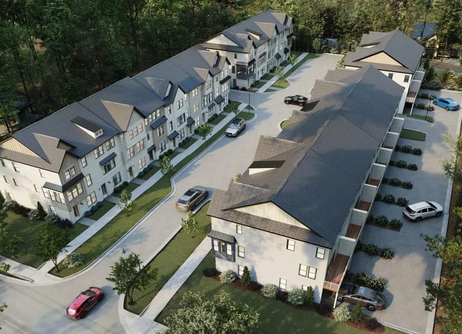 Exterior 3D rendering of a row of attached townhouses on a quiet residential street