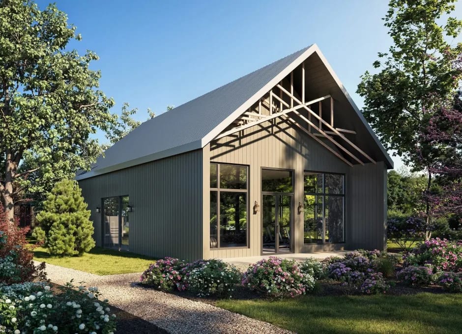 Exterior 3D render of a compact dark clad cabin with a steep roof among trees