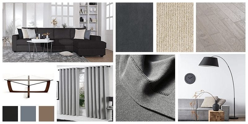 Interior design mood board with furniture, materials, and decor references