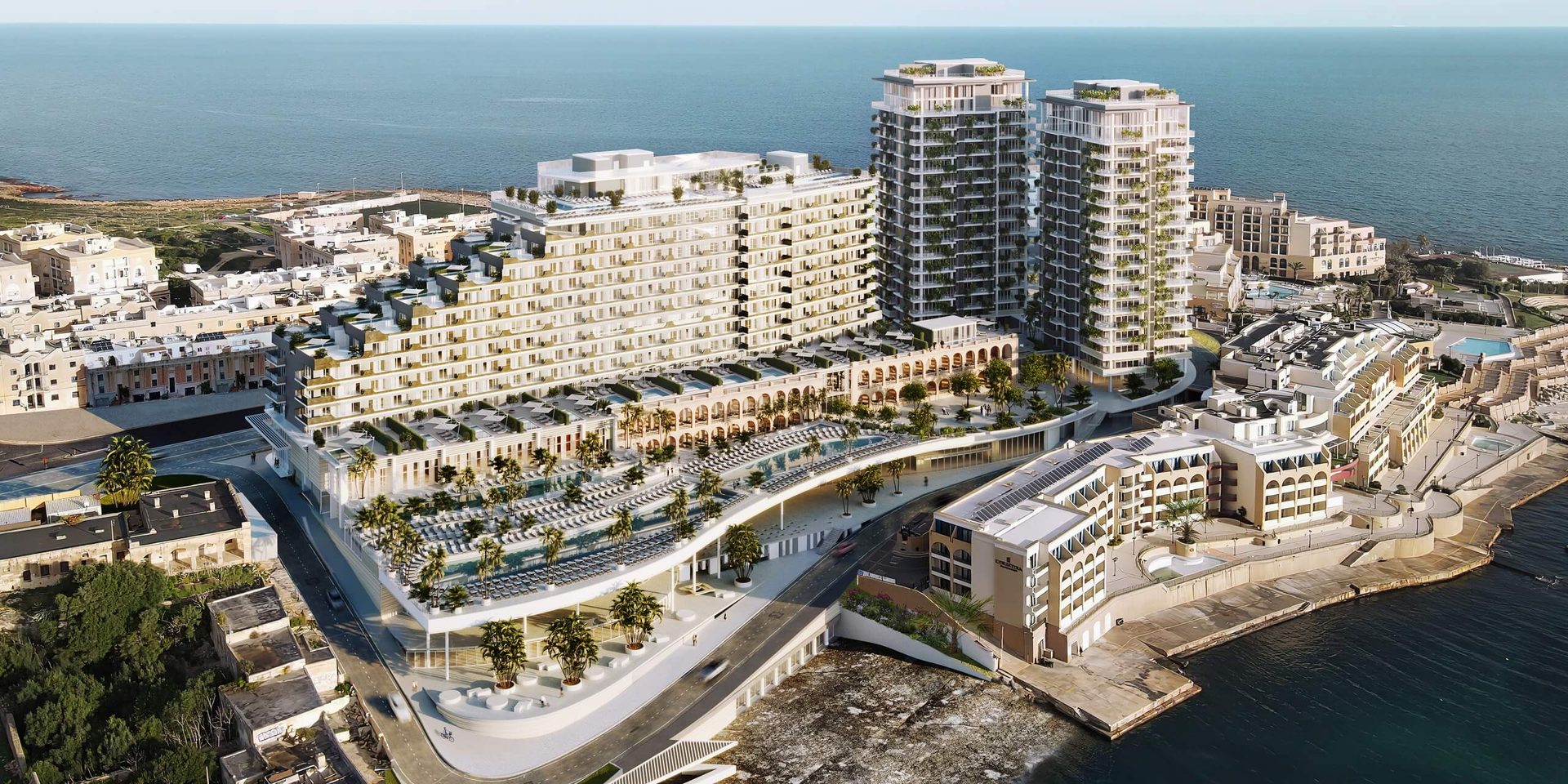 Aerial 3D visualization of a seaside housing complex