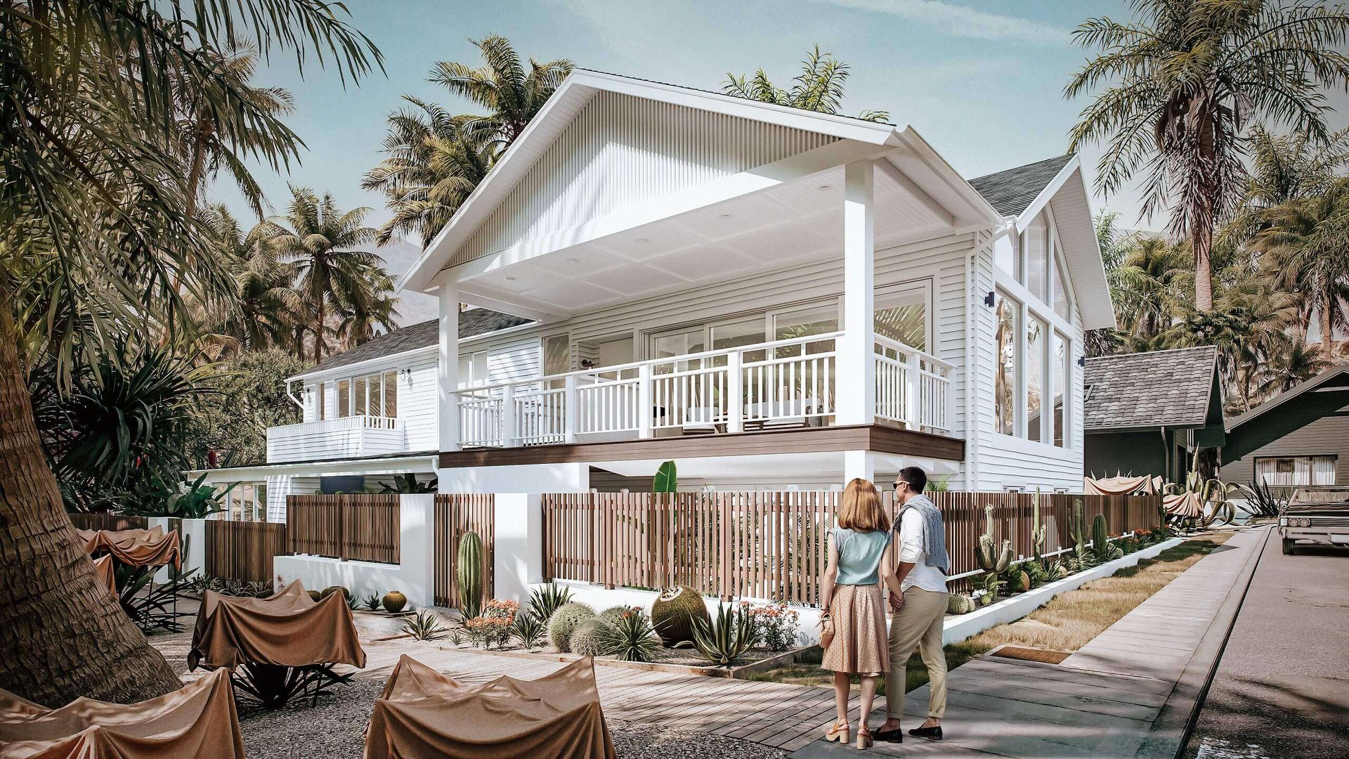 3D exterior visualization of a modern white house with palm trees