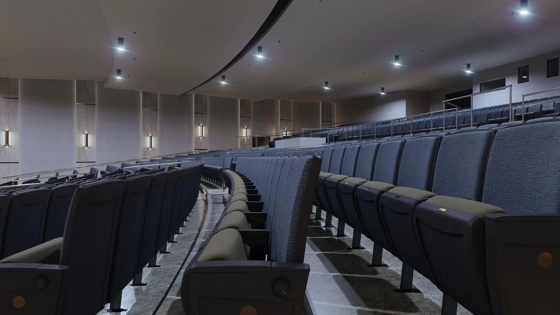 3D visualization of auditorium interior with curved seating rows, spotlights, and wall sconces