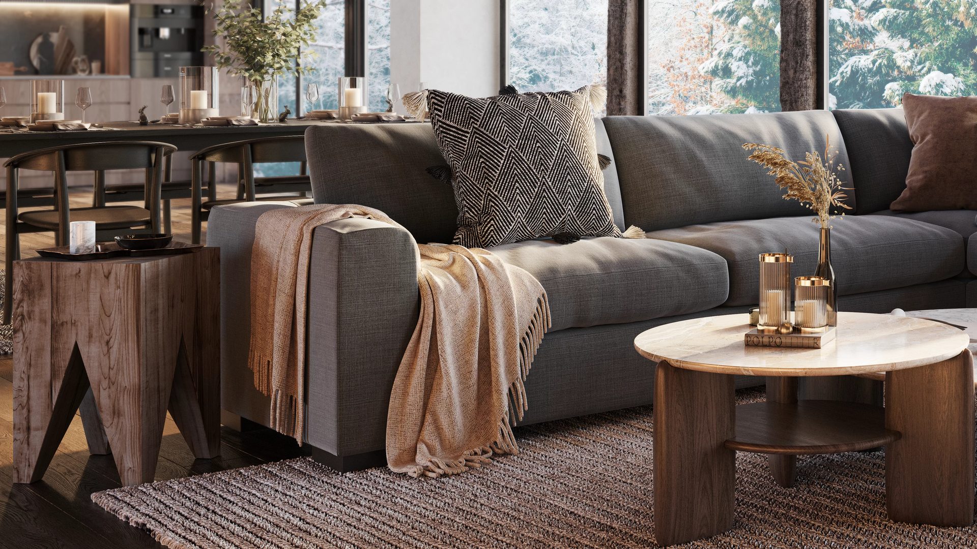 3D visualization of a sofa corner styled with soft textiles, wood table, and warm-toned accessories