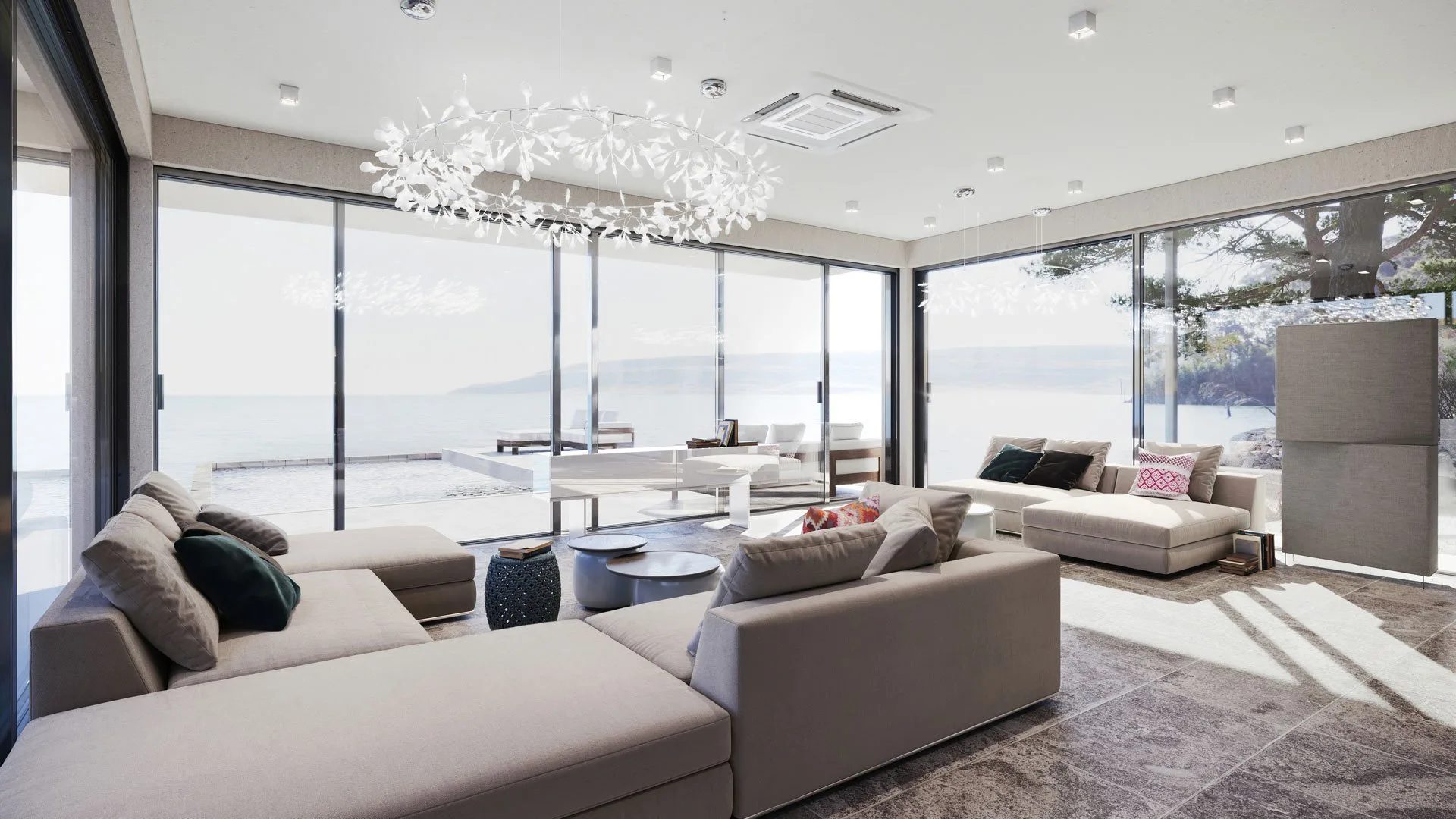 3D visualization of a spacious villa living room with panoramic sea view and minimalist sofas