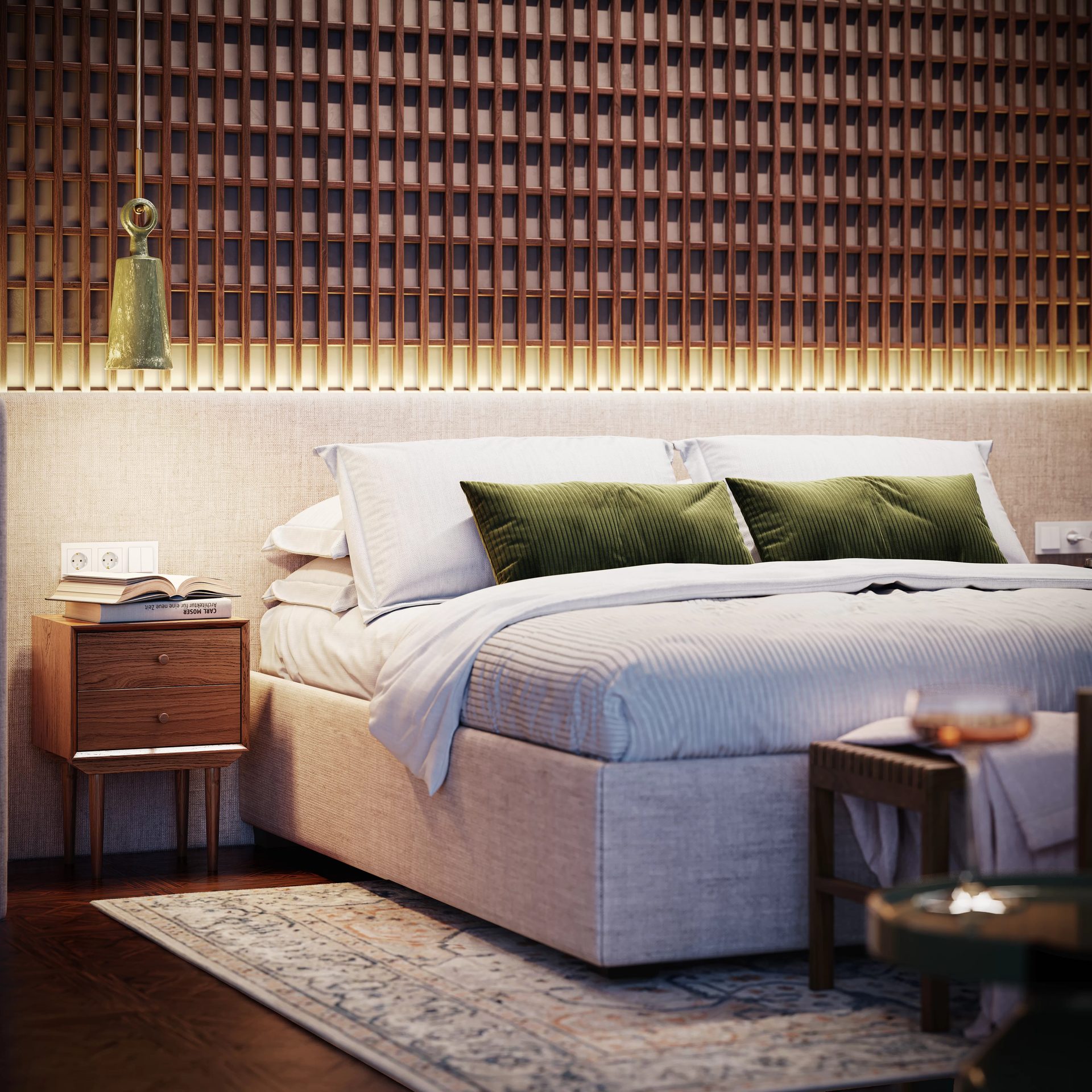 3D rendering of a contemporary bedroom with green pillows, wooden wall panels, and soft lighting