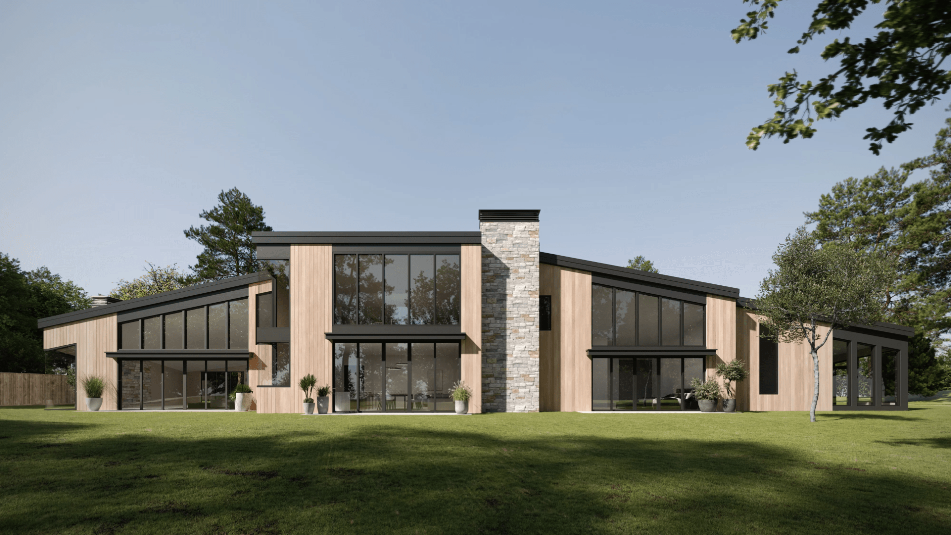 Exterior 3D rendering — low-rise house architectural style CGI