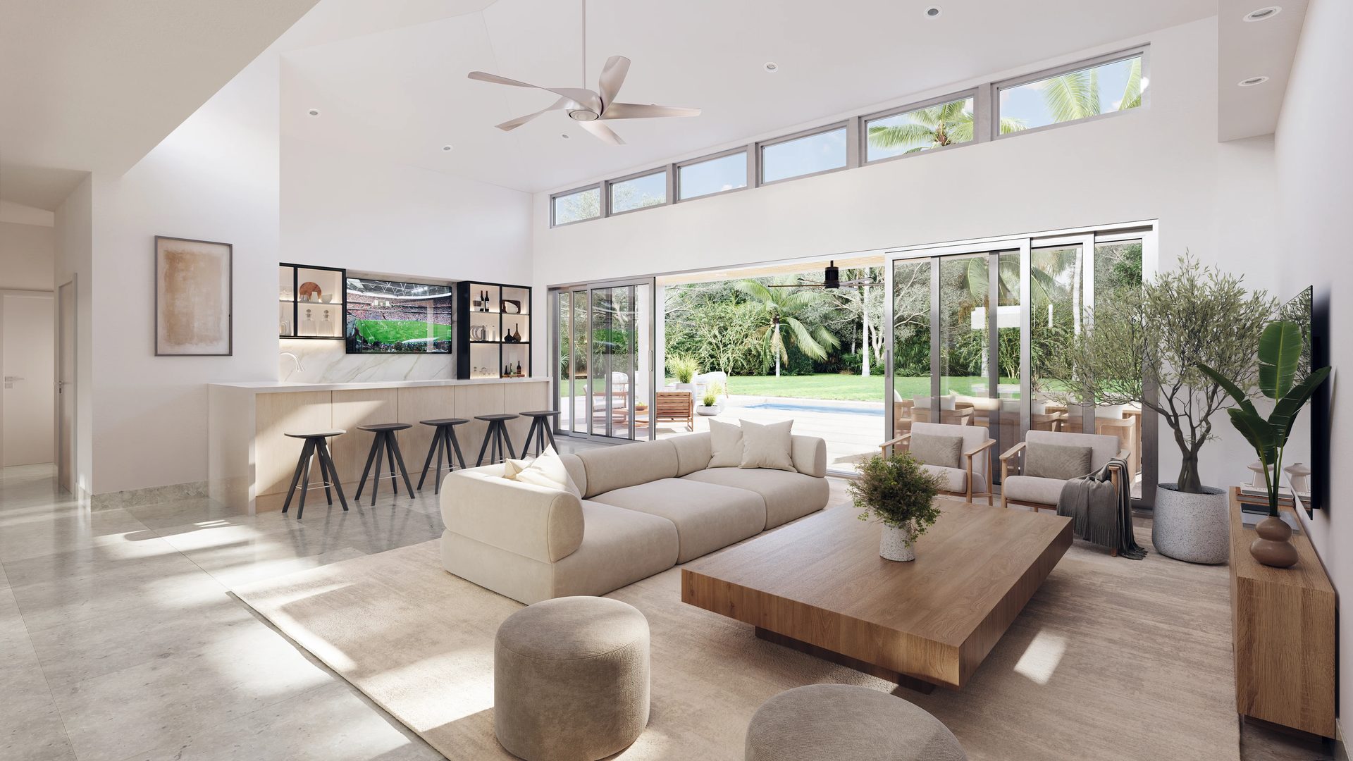 3D Graphics visualization of a modern open living room with kitchen and pool view