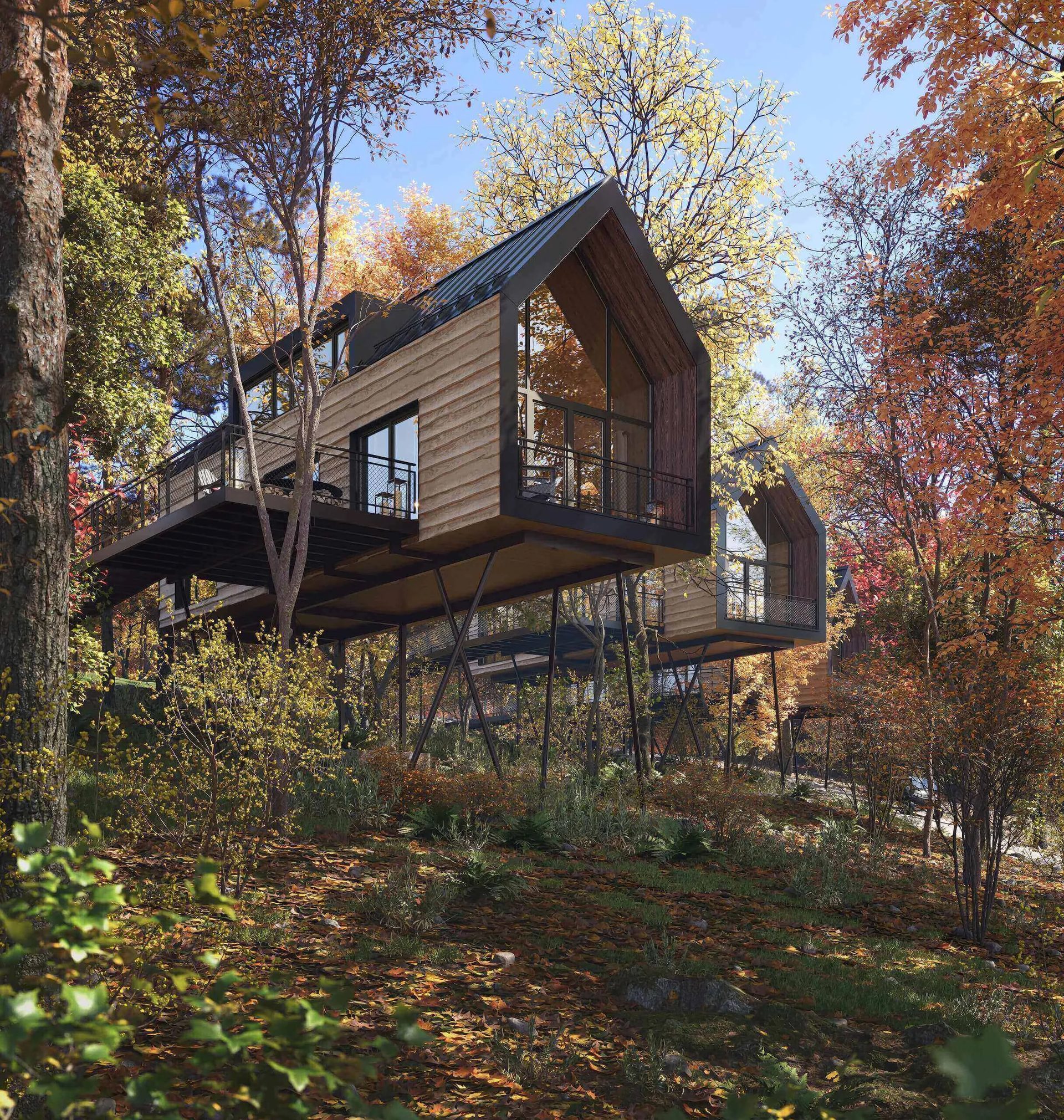 3D visualization of modern wooden cabins on stilts surrounded by autumn trees