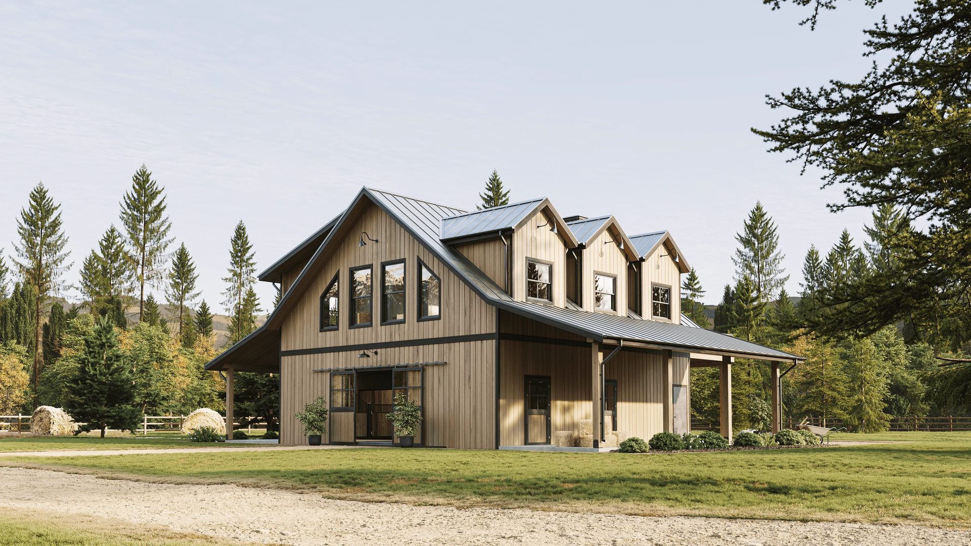 3D Rendering for a barndominium exterior surrounded by greenery