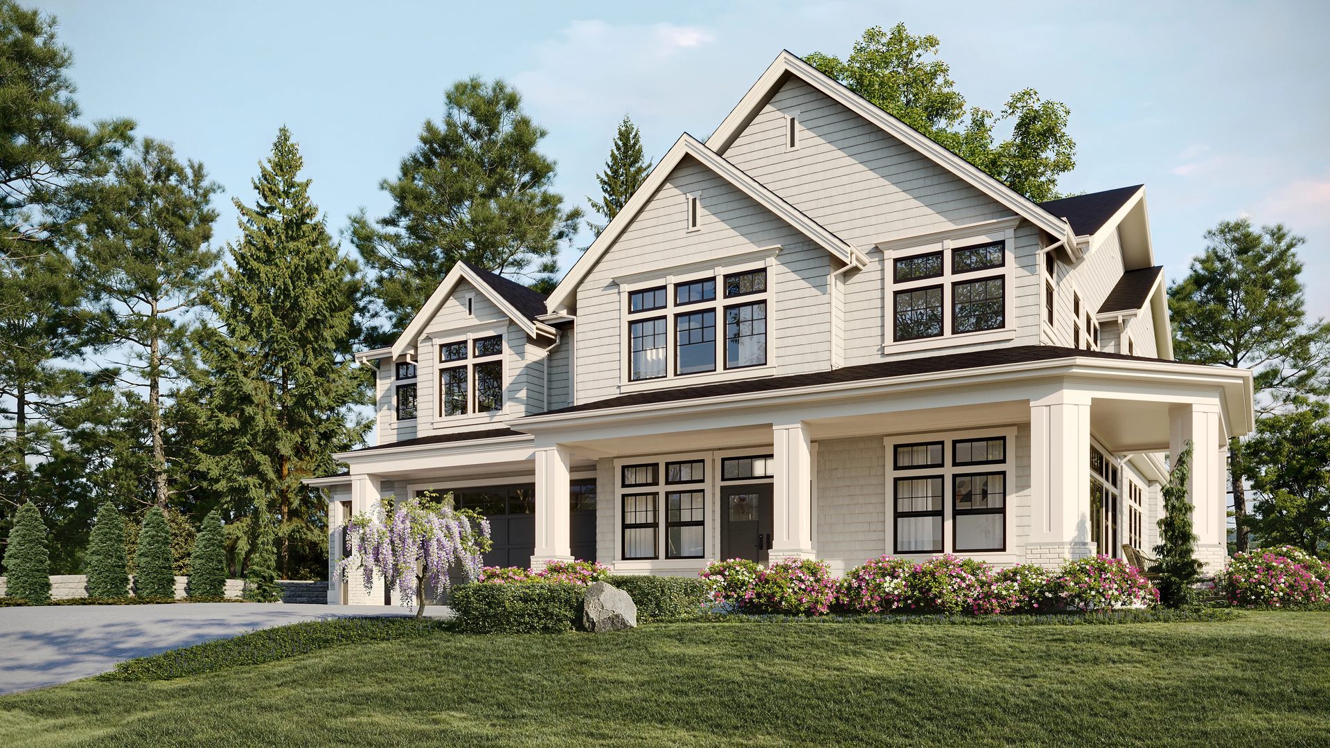 Photorealistic 3D visualization of a modern two story house with large windows, a covered porch, and landscaped garden