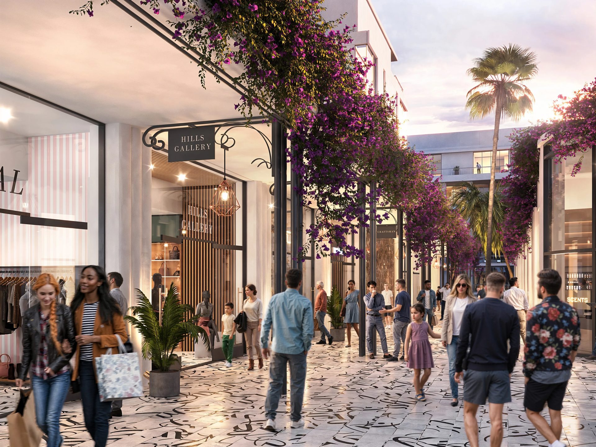 Commercial rendering of a modern open-air retail gallery with boutiques, pedestrians, and lush flowering greenery