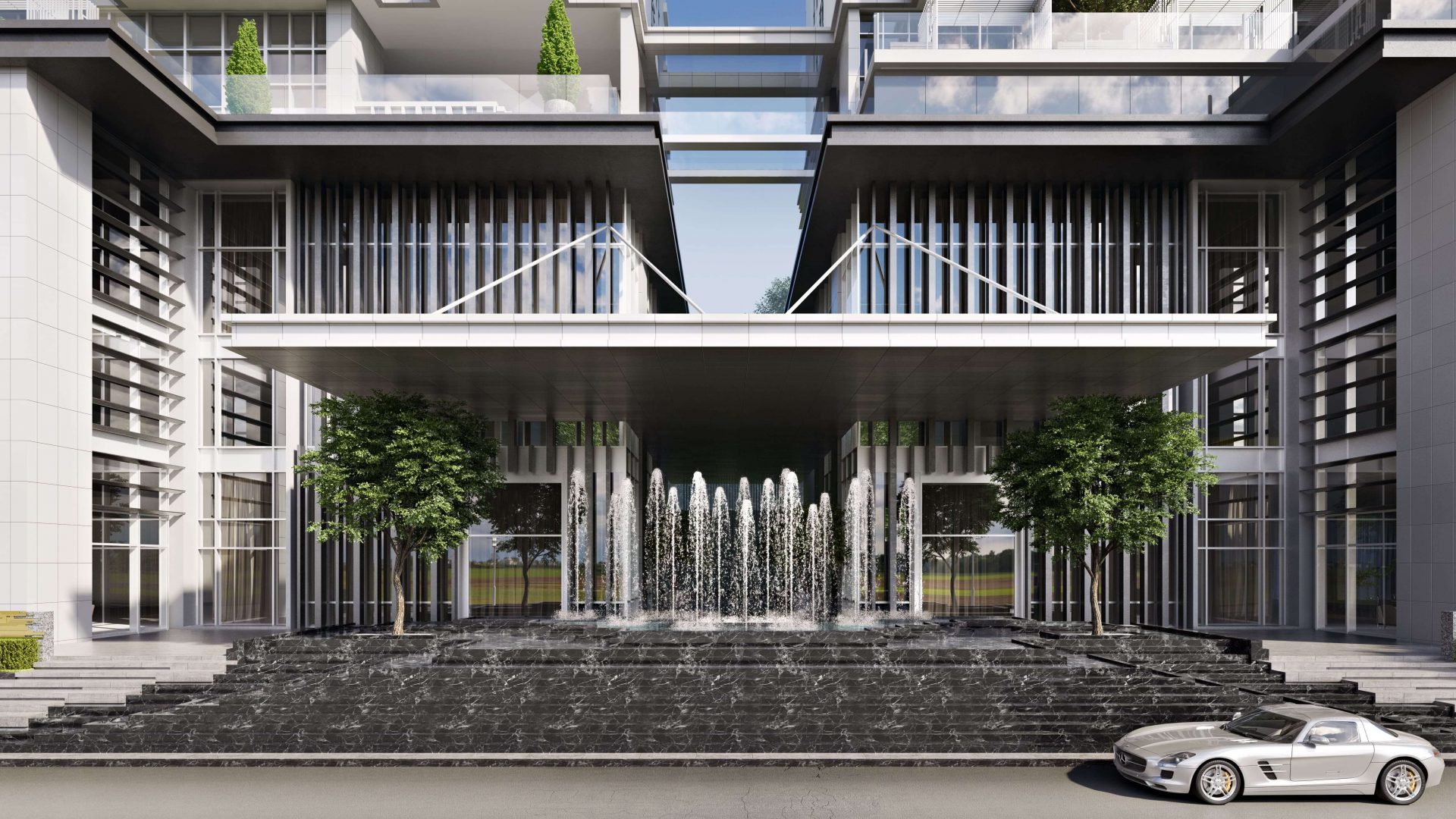 3D Visualization of Hotel Entrance with a Fountain