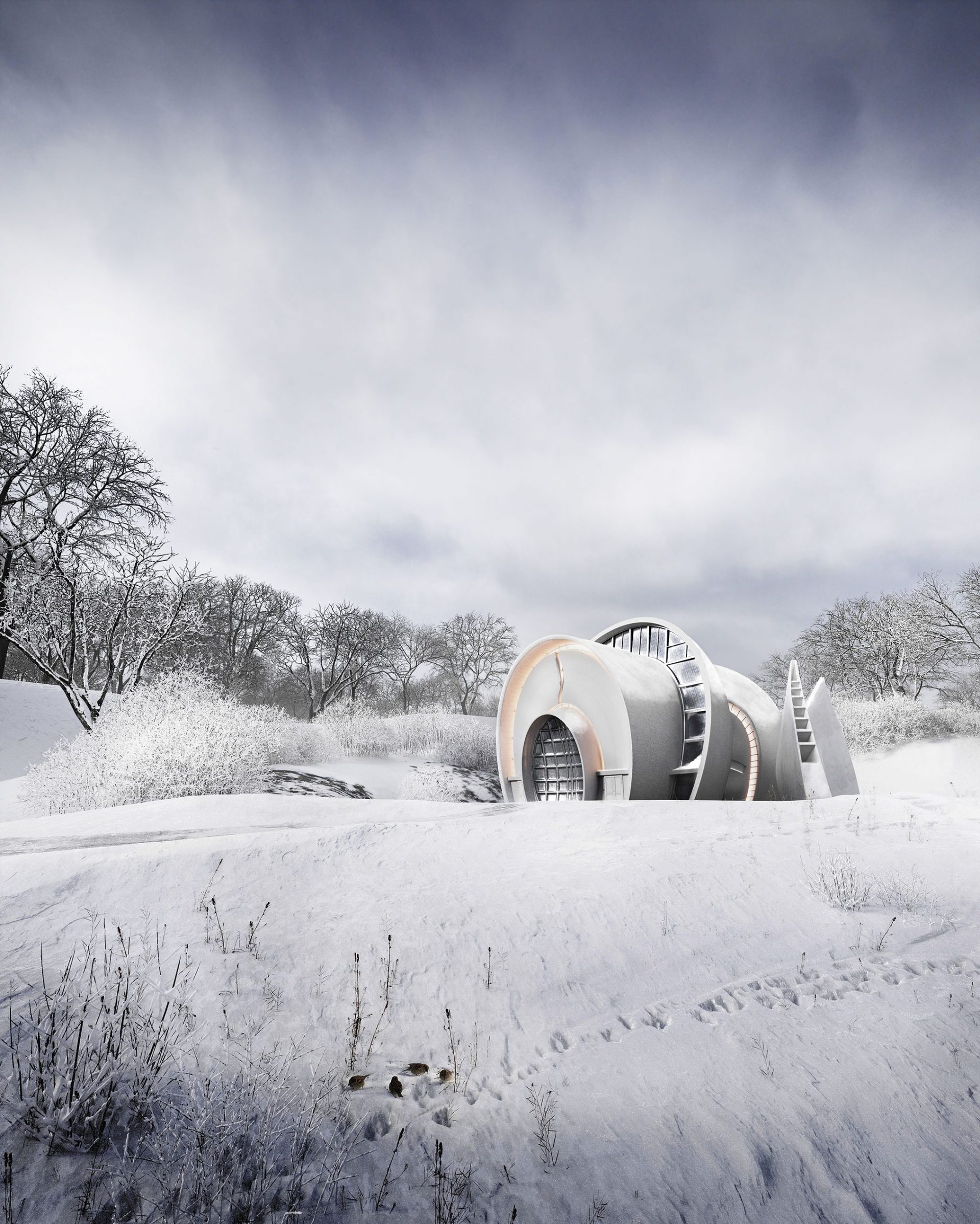 Snowy architectural visualization of an arched design concept in a winter landscape