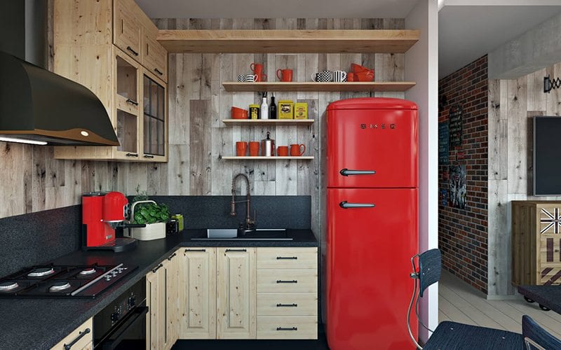 Professional Design Architectural Rendering For A Kitchen Interior In Wood With Black And Red Accents