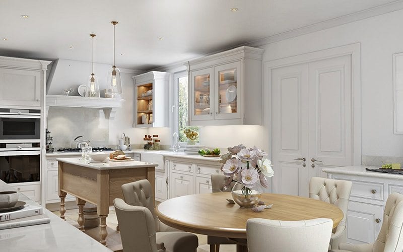 Professional Design 3D Rendering For A Kitchen In White With Fair Wood Tables