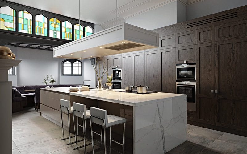 Quality 3D Design Rendering For A Kitchen Interior With Wooden Built-In Storage