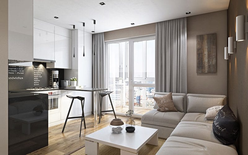 High-End 3D Design Rendering For A Kitchen Interior With A Welcoming Sofa
