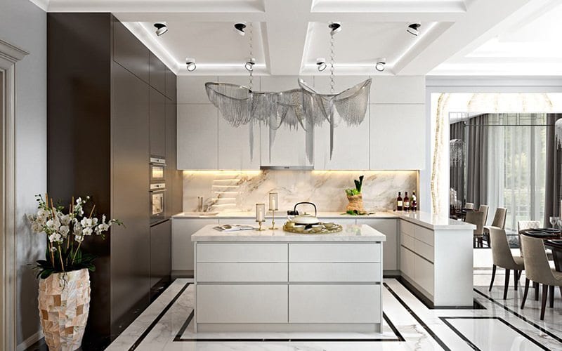 Photorealistic 3D Rendering For A Kitchen Design With A Stunning Chandelier