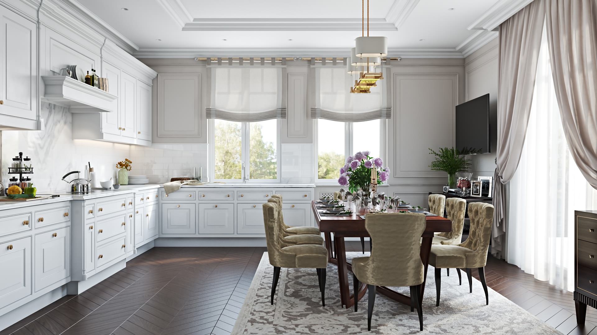 Kitchen Design 3D Rendering For An Interior With Purple Flowers