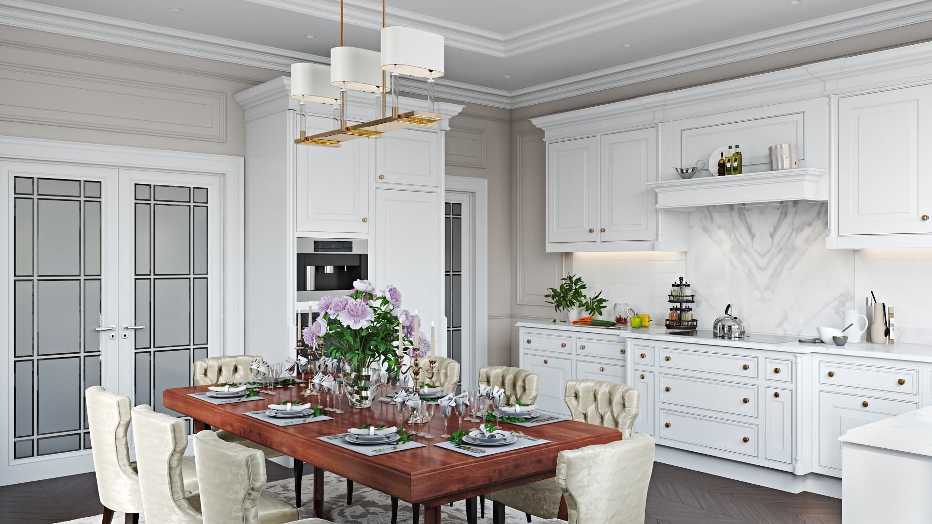 3D Kitchen Design Rendering Showing A Wooden Dining Table