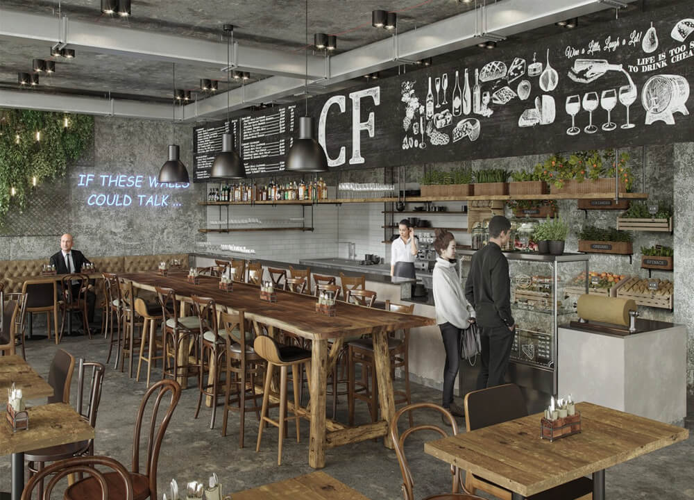 Cafe interior 3D rendering — photorealistic CGI result