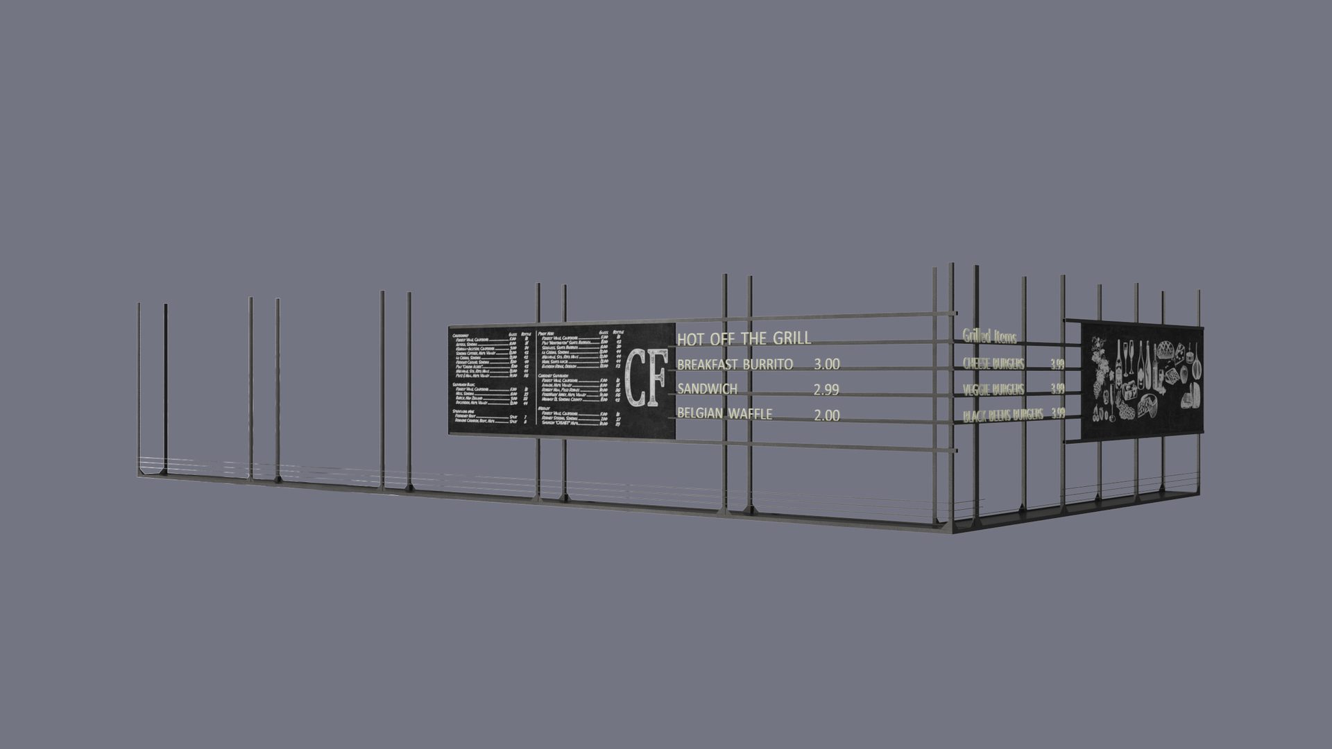 3D model of menu board — cafe interior rendering detail