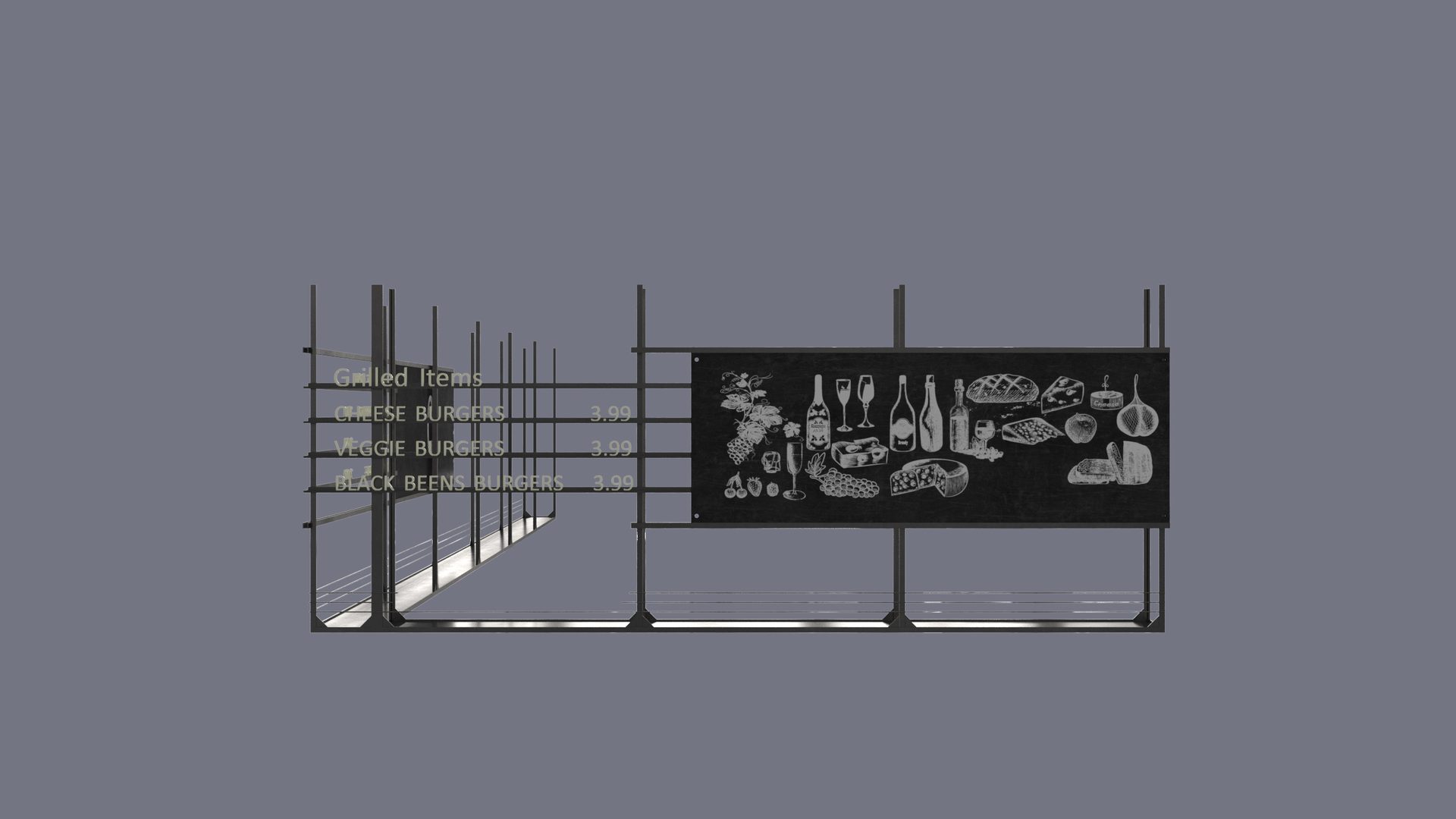 Custom menu board 3D modeling for cafe rendering project