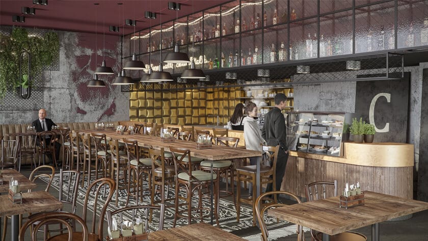Cafe rendering post-production — color correction stage