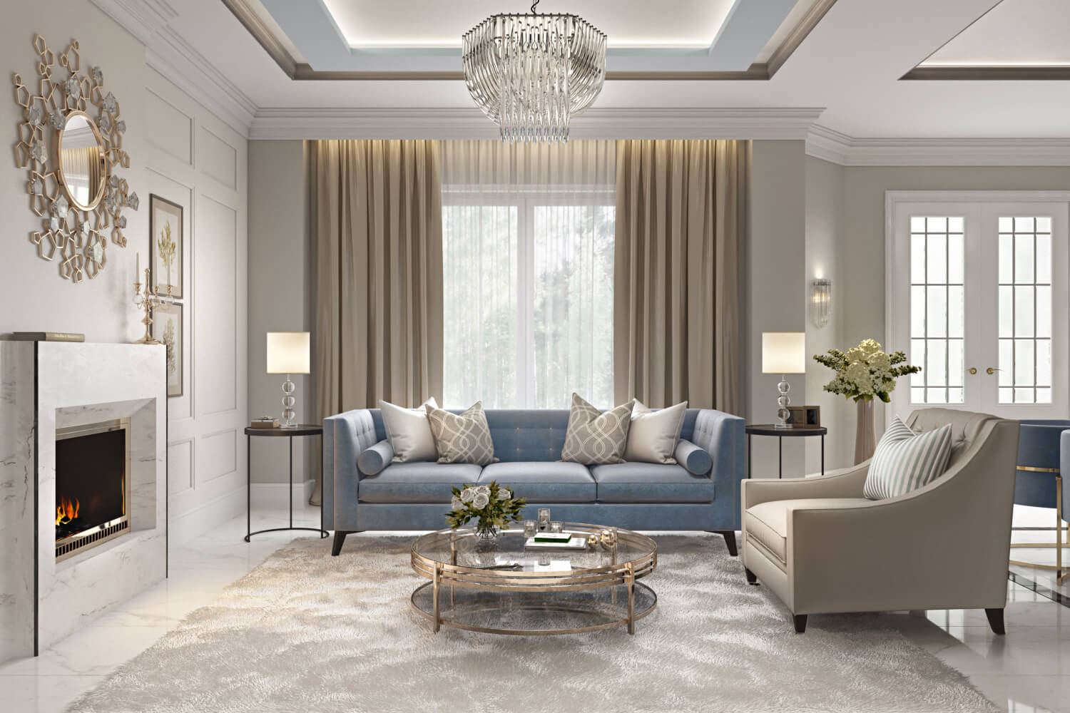 3D Visualization of a Posh Living Room with Classic Design