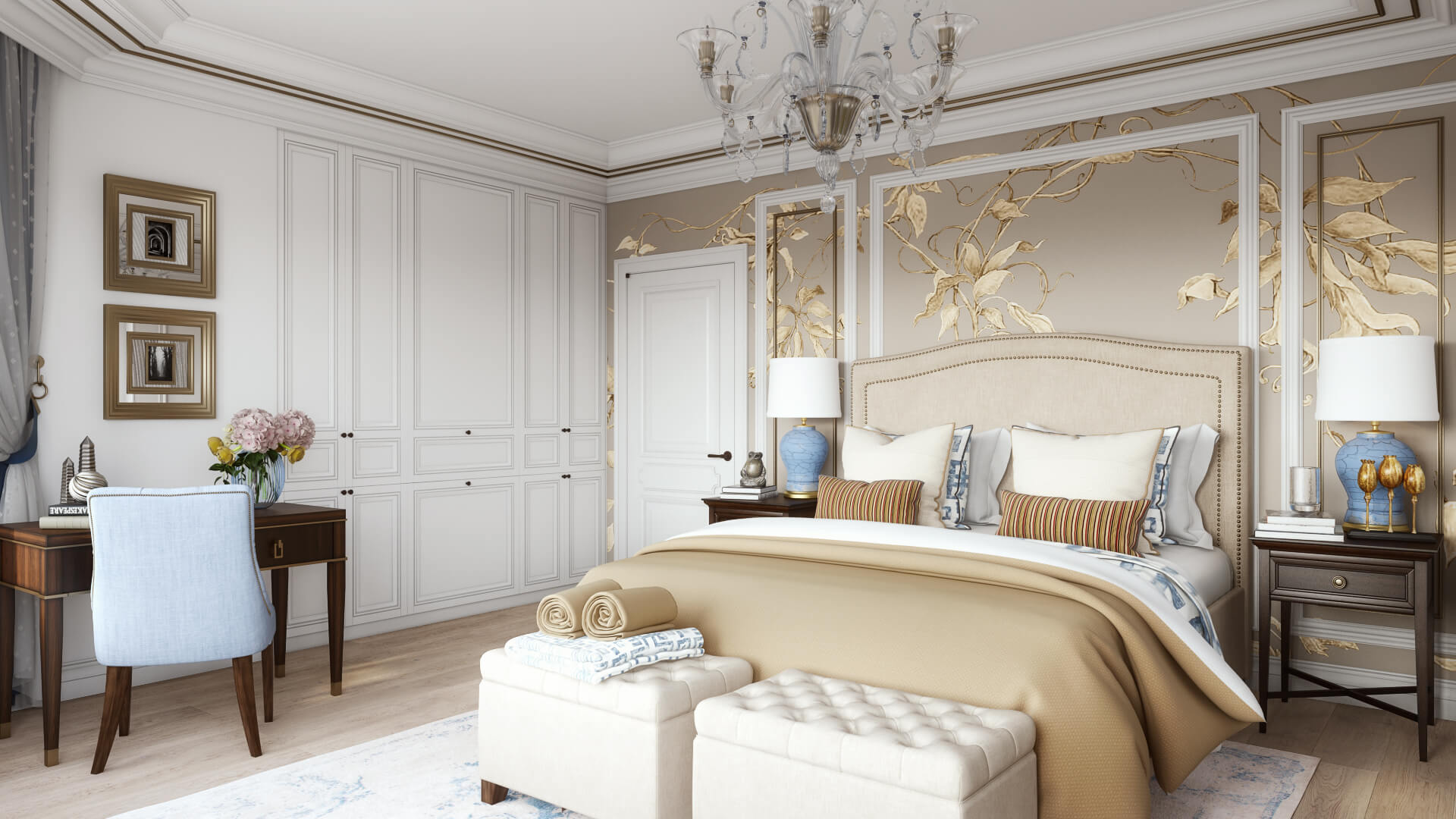 3D Visualization of a Bedroom Created in Traditional Style
