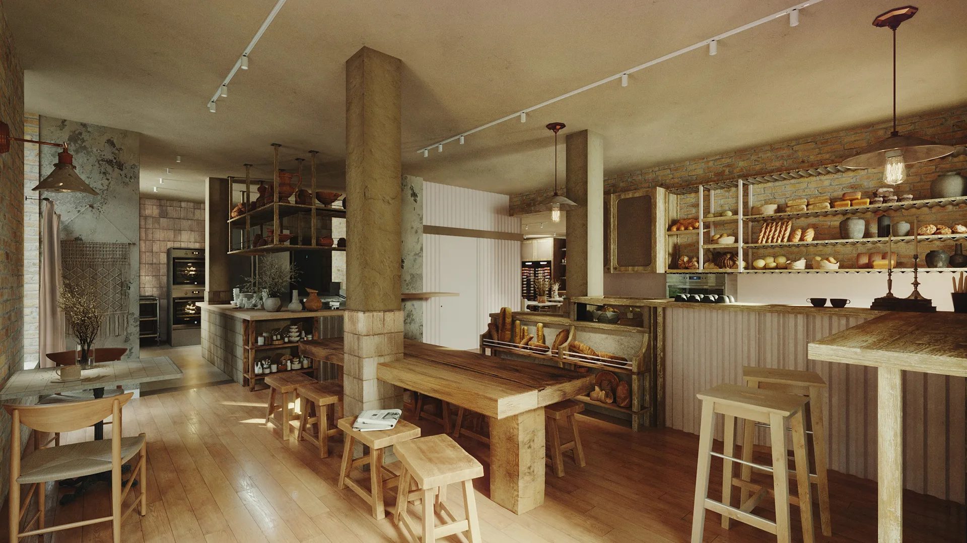 Melbourne retail rendering of a rustic artisan bakery interior with warm lighting and natural wood finishes