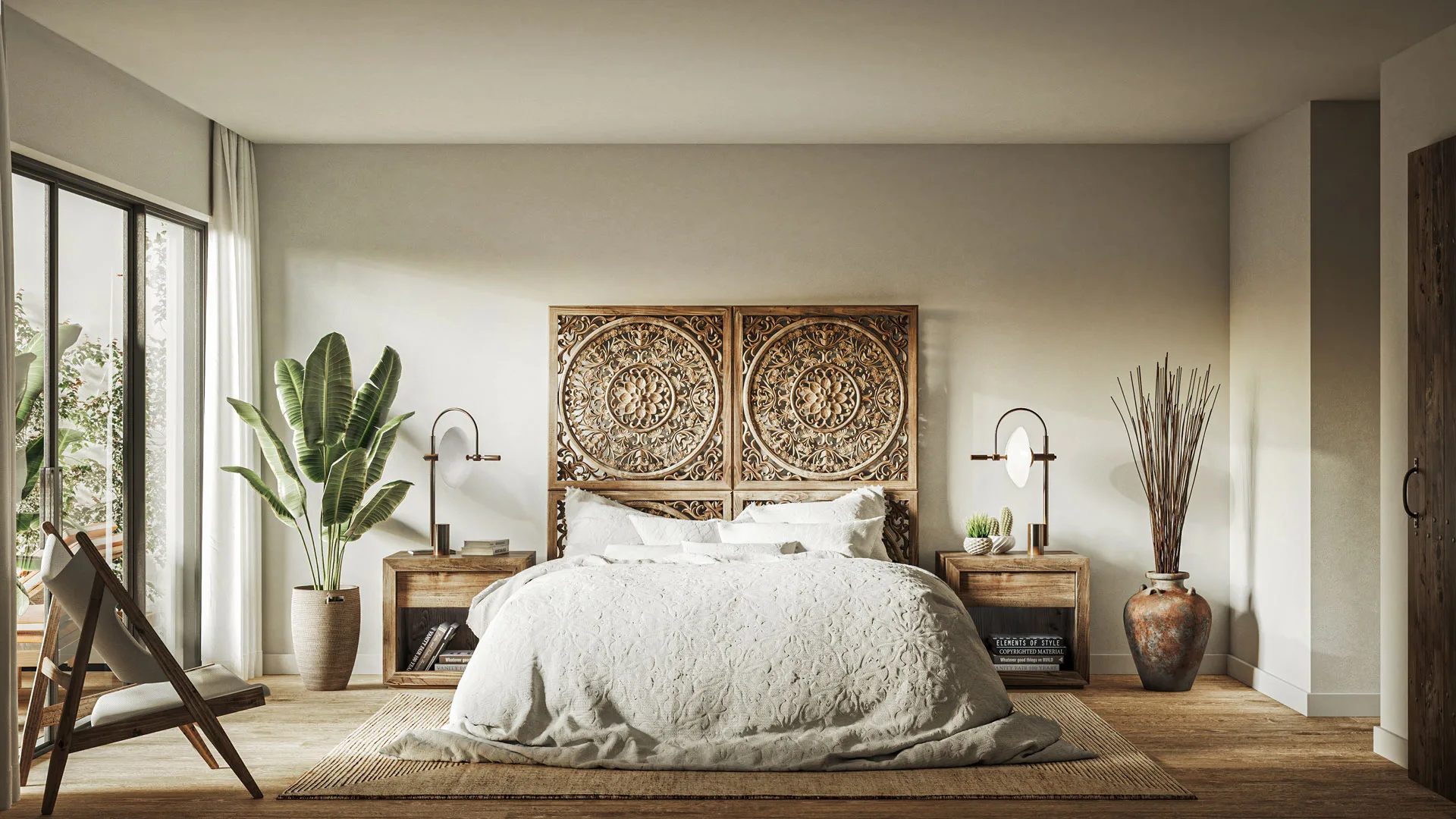 Bedroom 3D rendering with carved wood headboard and natural finishes