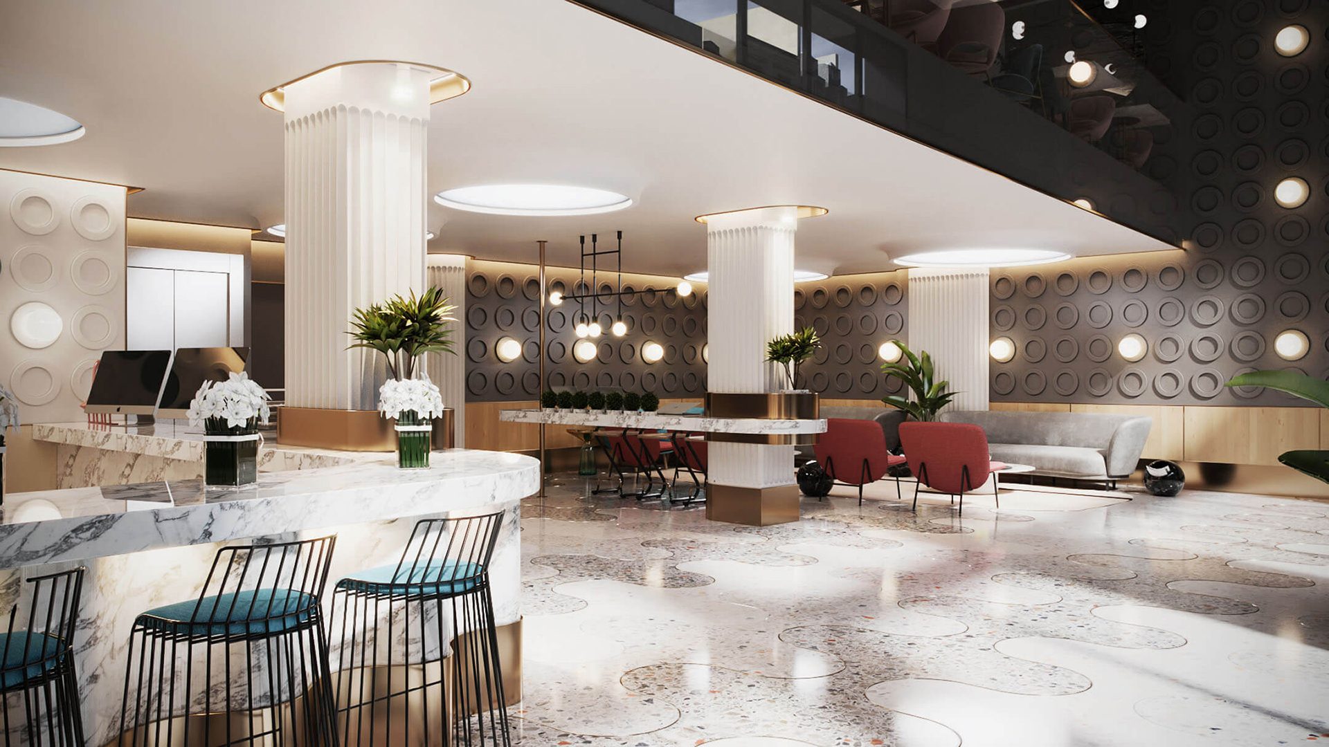 3D interior visualization — hotel lobby soft shadows CGI