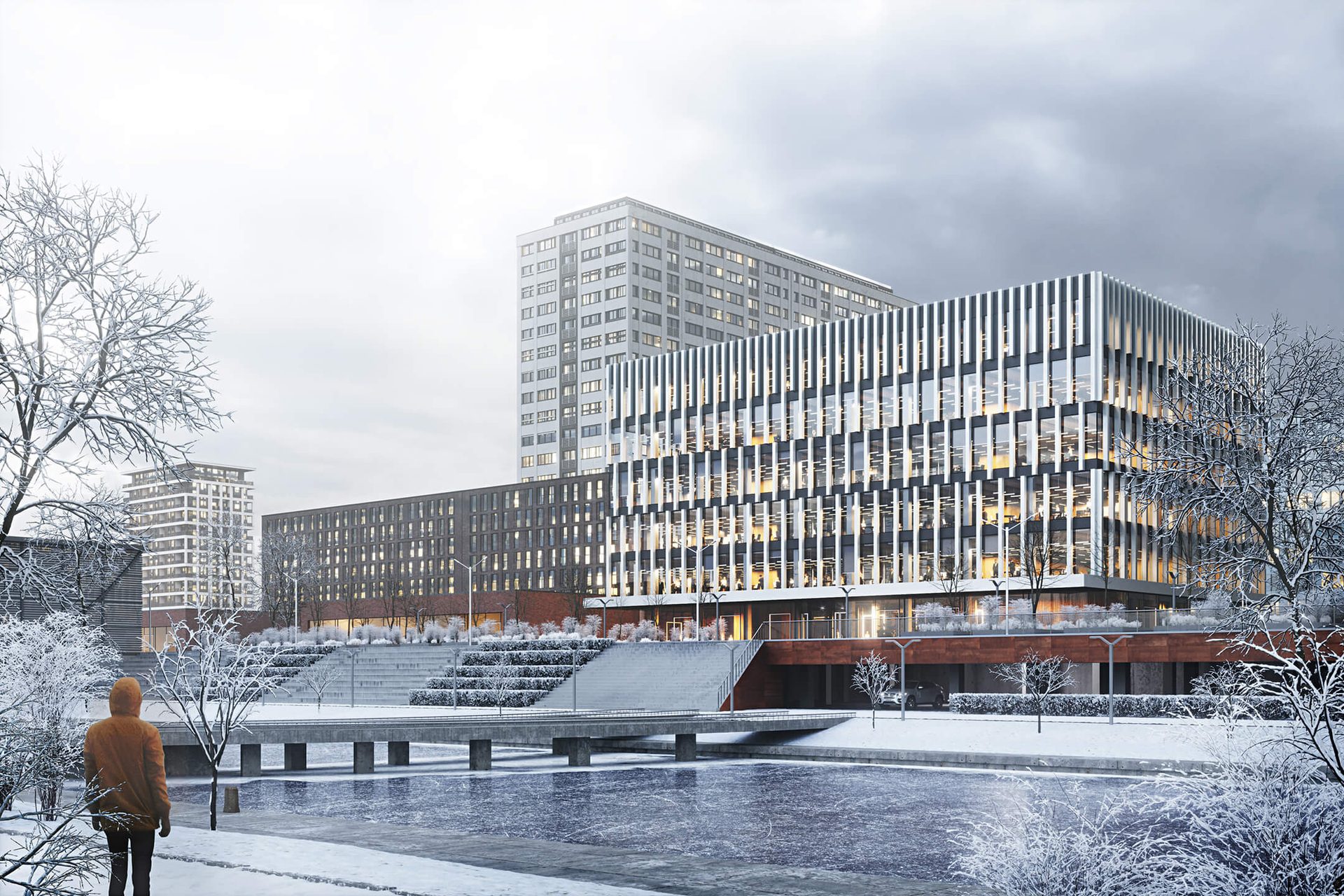 Realistic exterior rendering — business center building CGI