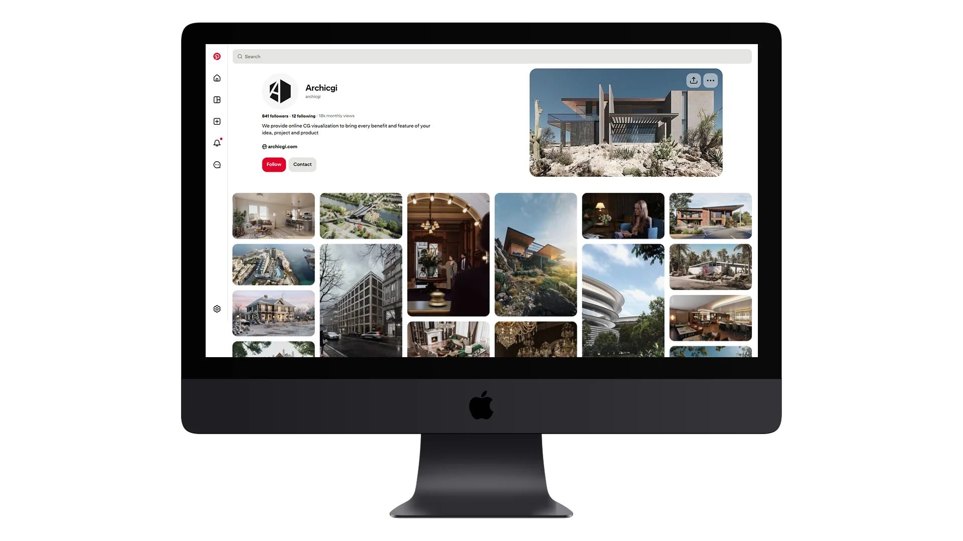 Pinterest social media profile displaying curated architectural renders and exterior visualizations across themed inspiration boards
