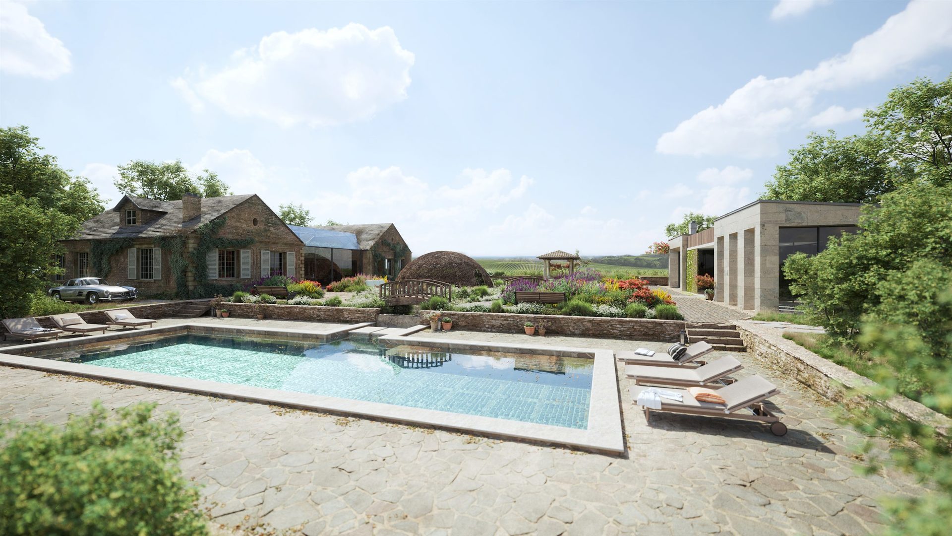 3D Render of an Auastrian Home with a Swimming Pool