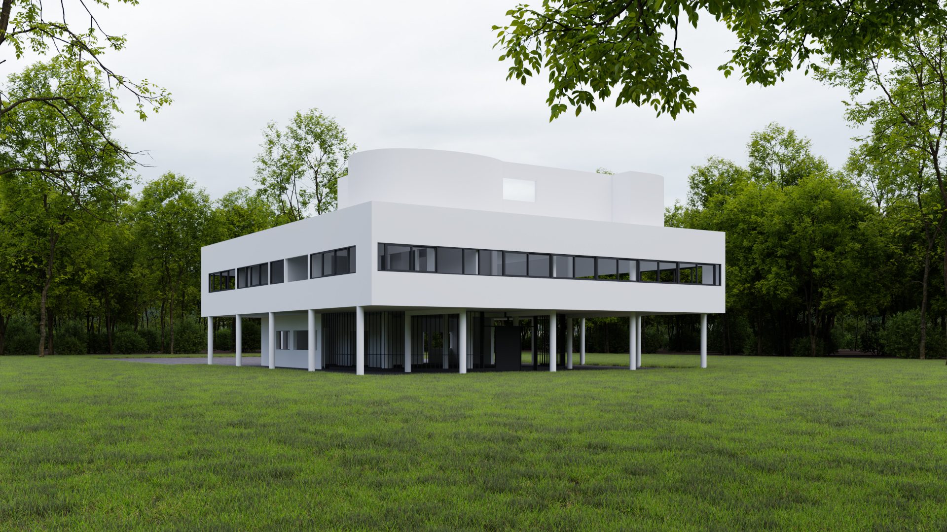 Exterior 3D visualization — modern building on a cloudy day