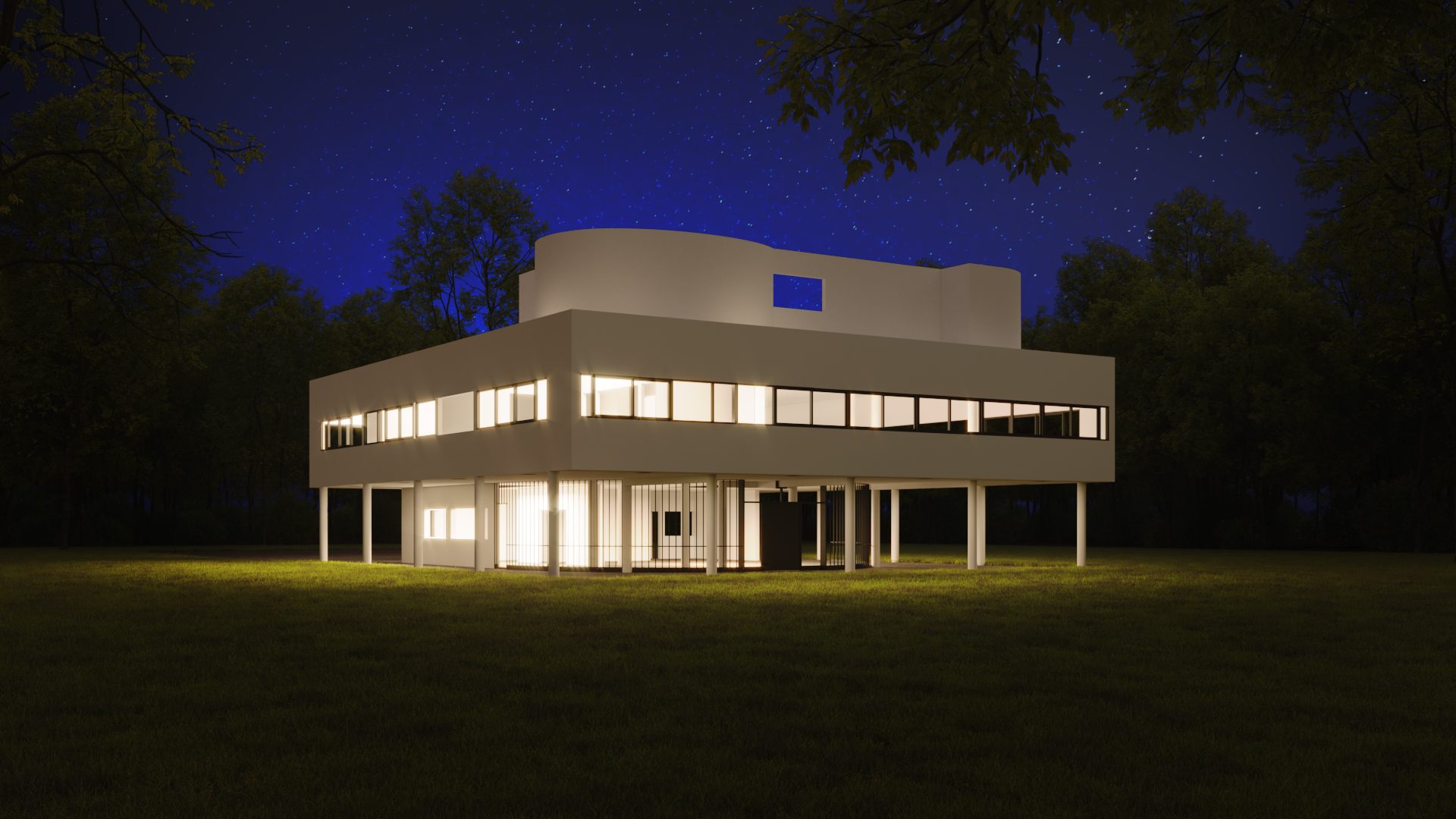 Exterior architectural rendering — starry night setting CGI