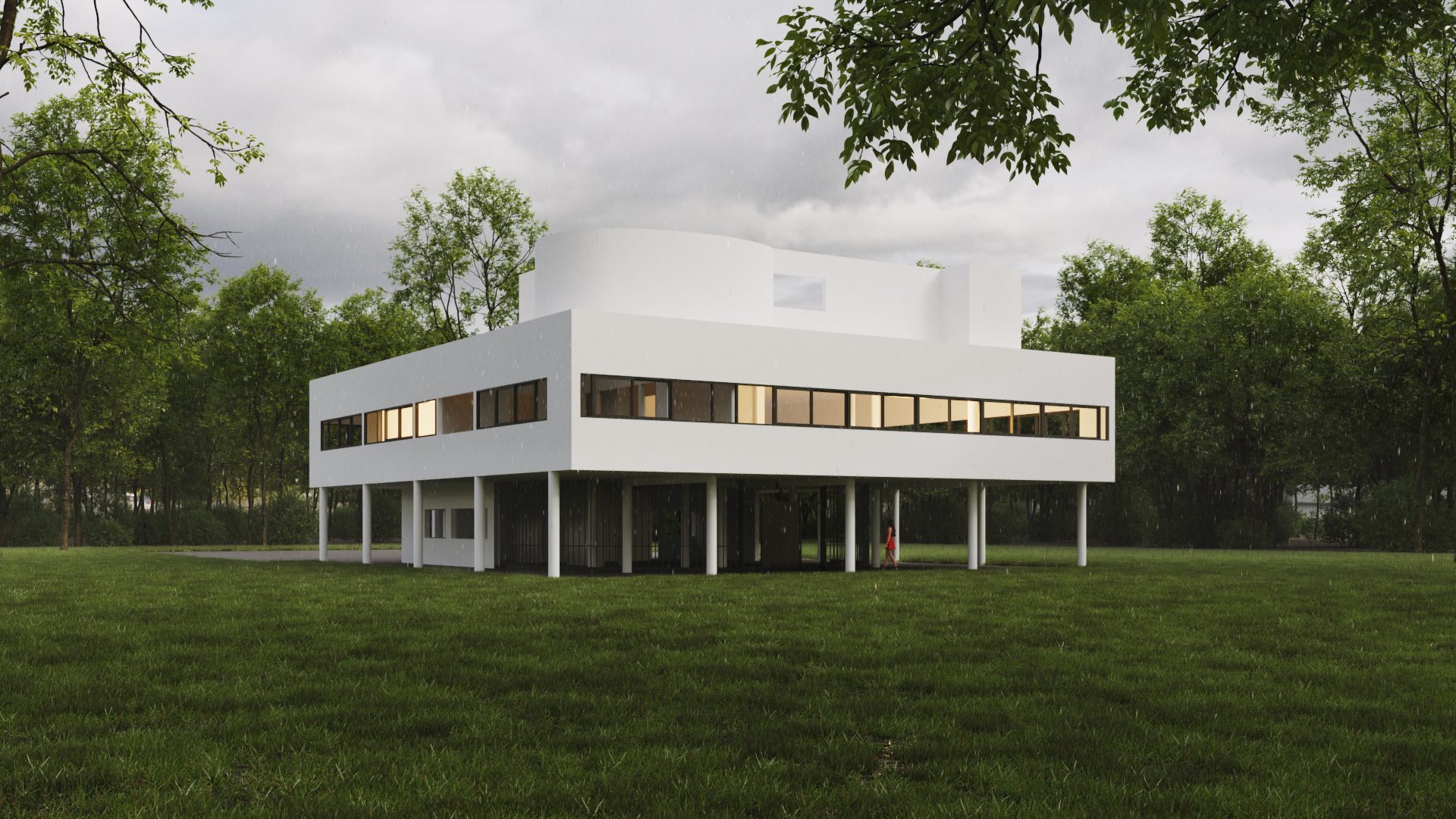 Exterior 3D architectural rendering — rainy day setting CGI