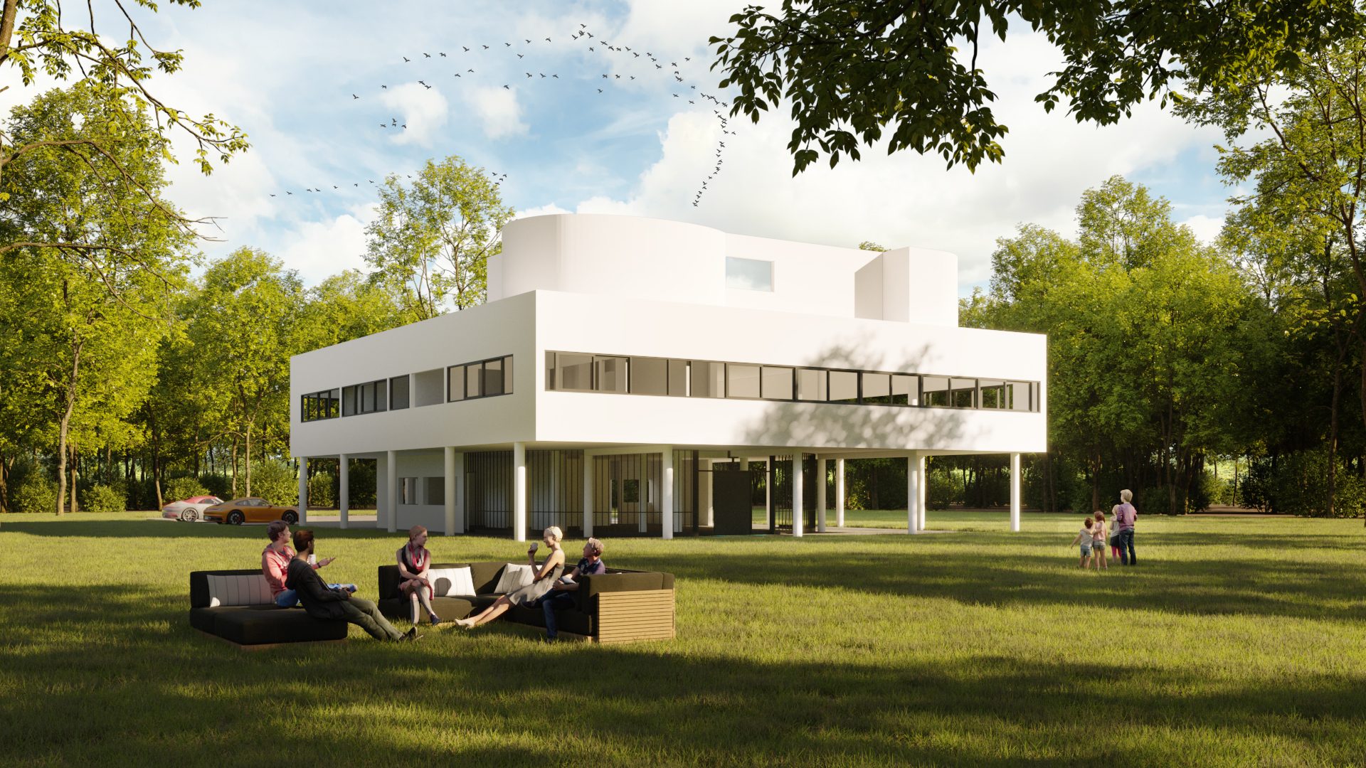 Exterior 3D rendering — building with people contextual CGI