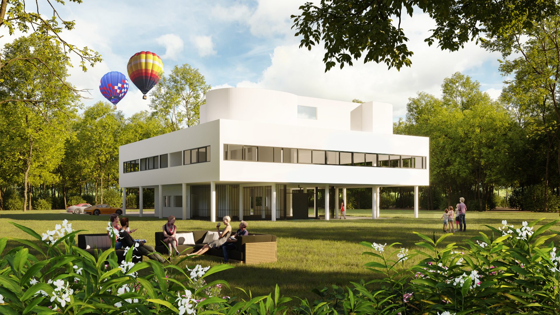 Exterior 3D visualization — rich contextual elements CGI