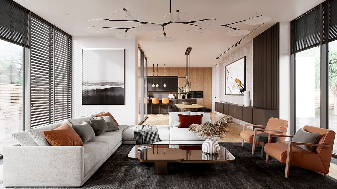 3D interior visualization of a studio apartment with materials