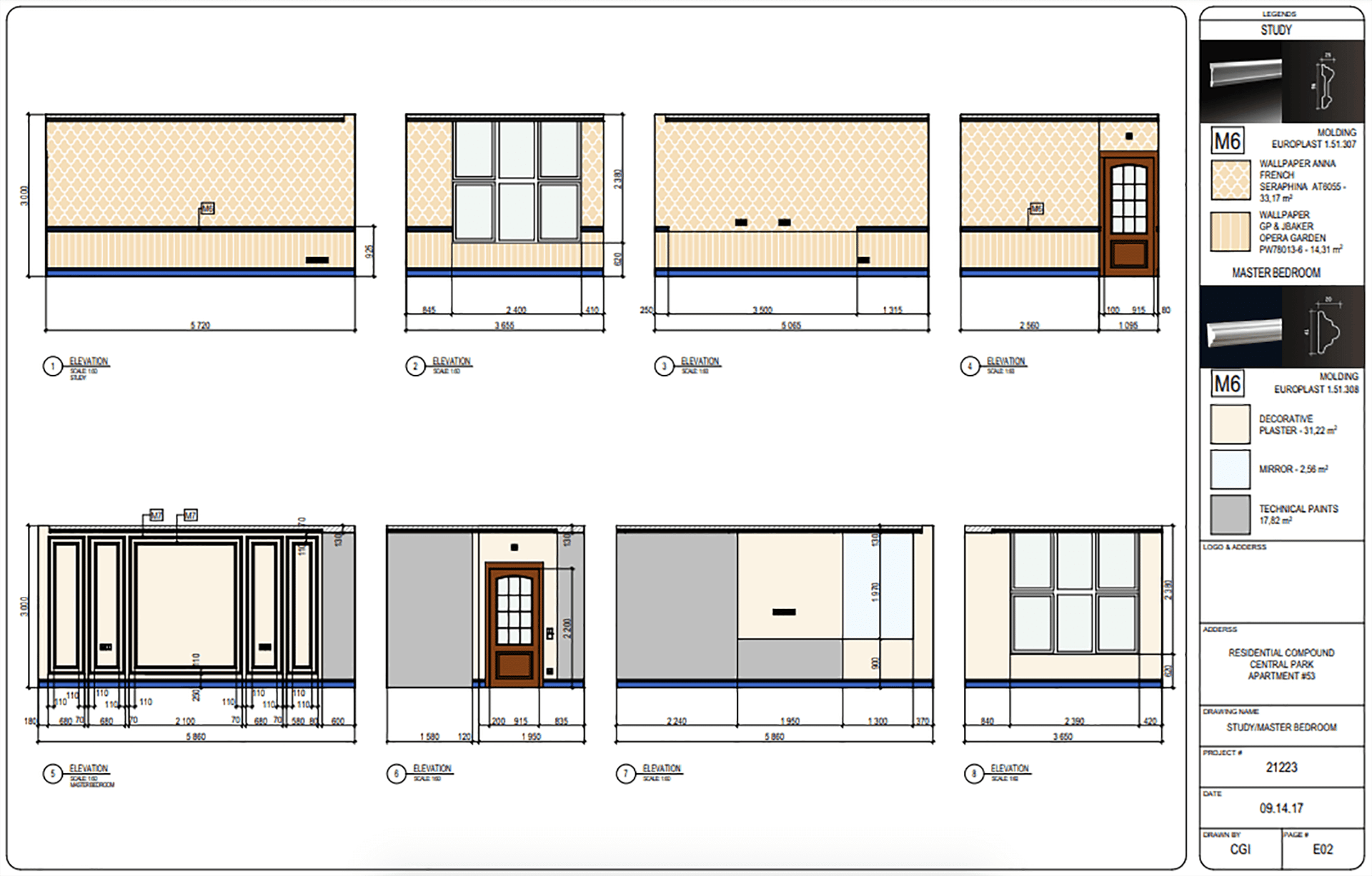 Interior rendering brief — wall elevations with dimensions