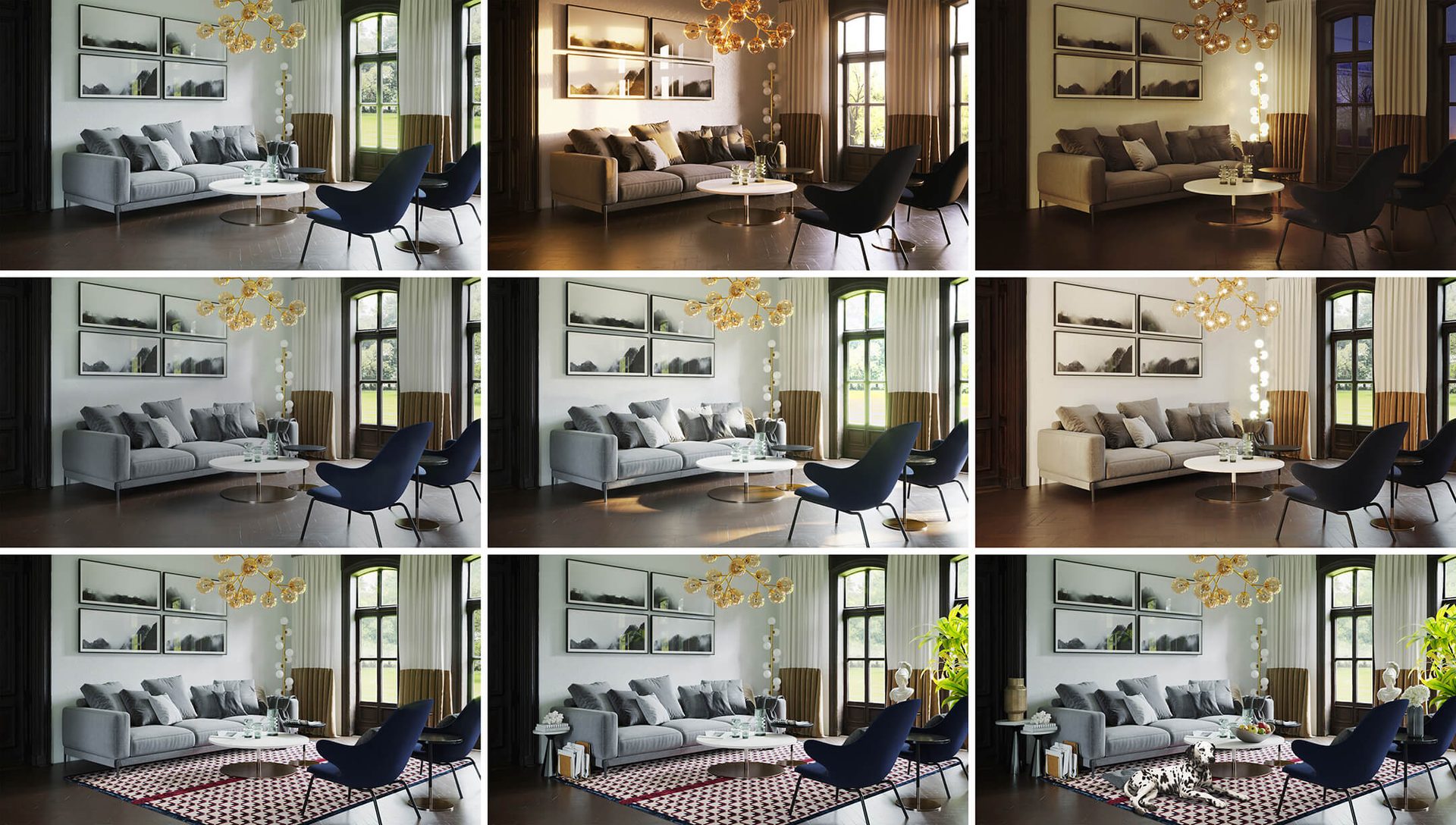 Photorealistic interior rendering — lighting and mood options CGI